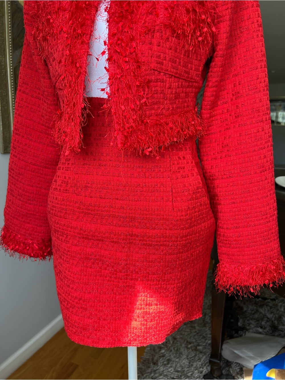 Endless Rose Red Feather Trim Tweed Crop Blazer & Mini Skirt Set Size Small $235 - Picture 3 of 16
